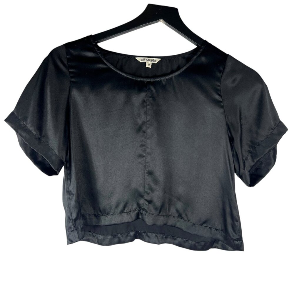Ali Golden 100% Silk Cropped T-Shirt in Black Relaxed Fit Size XS
